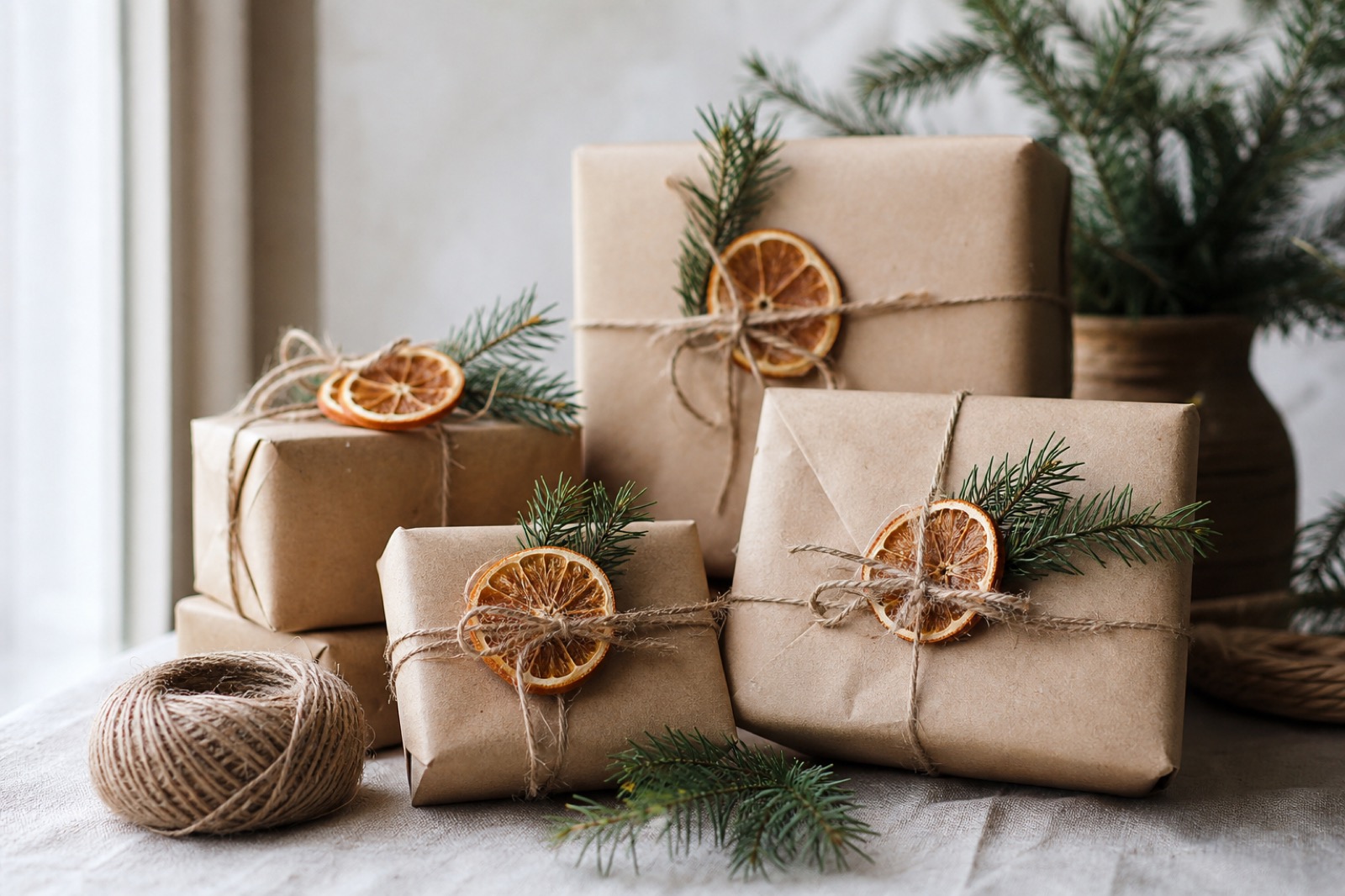Duurzame kerstcadeaus in eco-verpakking met kraftpapier en natuurlijke materialen