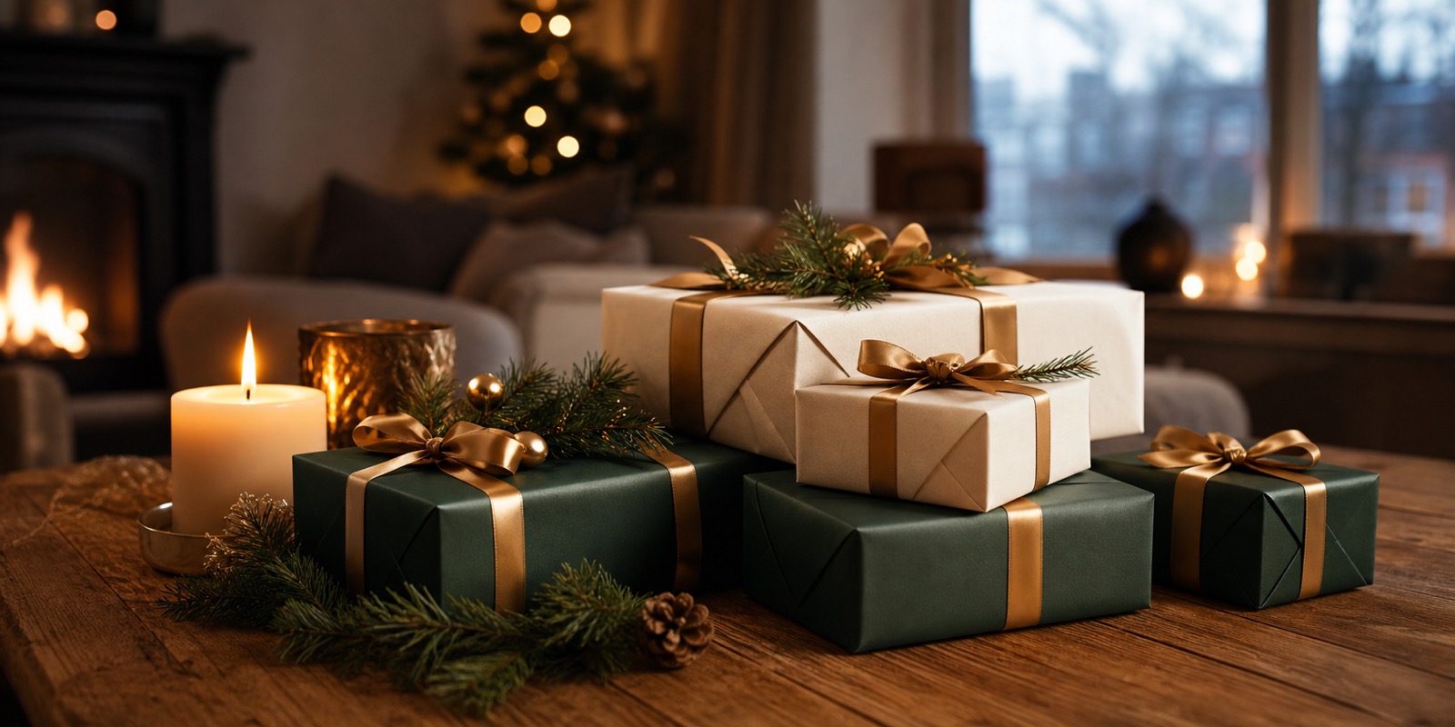 Feestelijk ingepakte kerstcadeaus onder kaarslicht