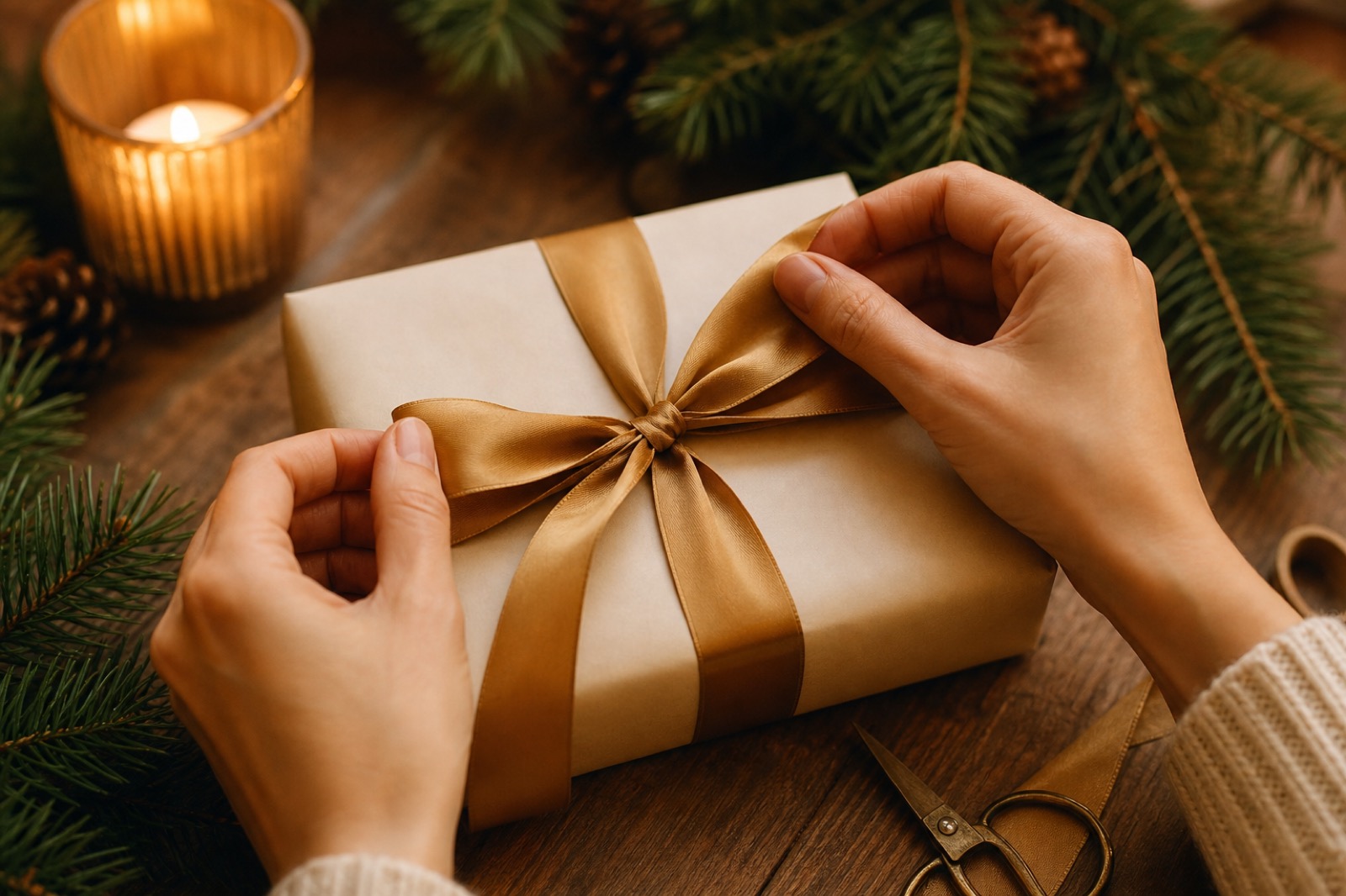 Cadeaus inpakken met cadeaupapier, lint en schaar op tafel